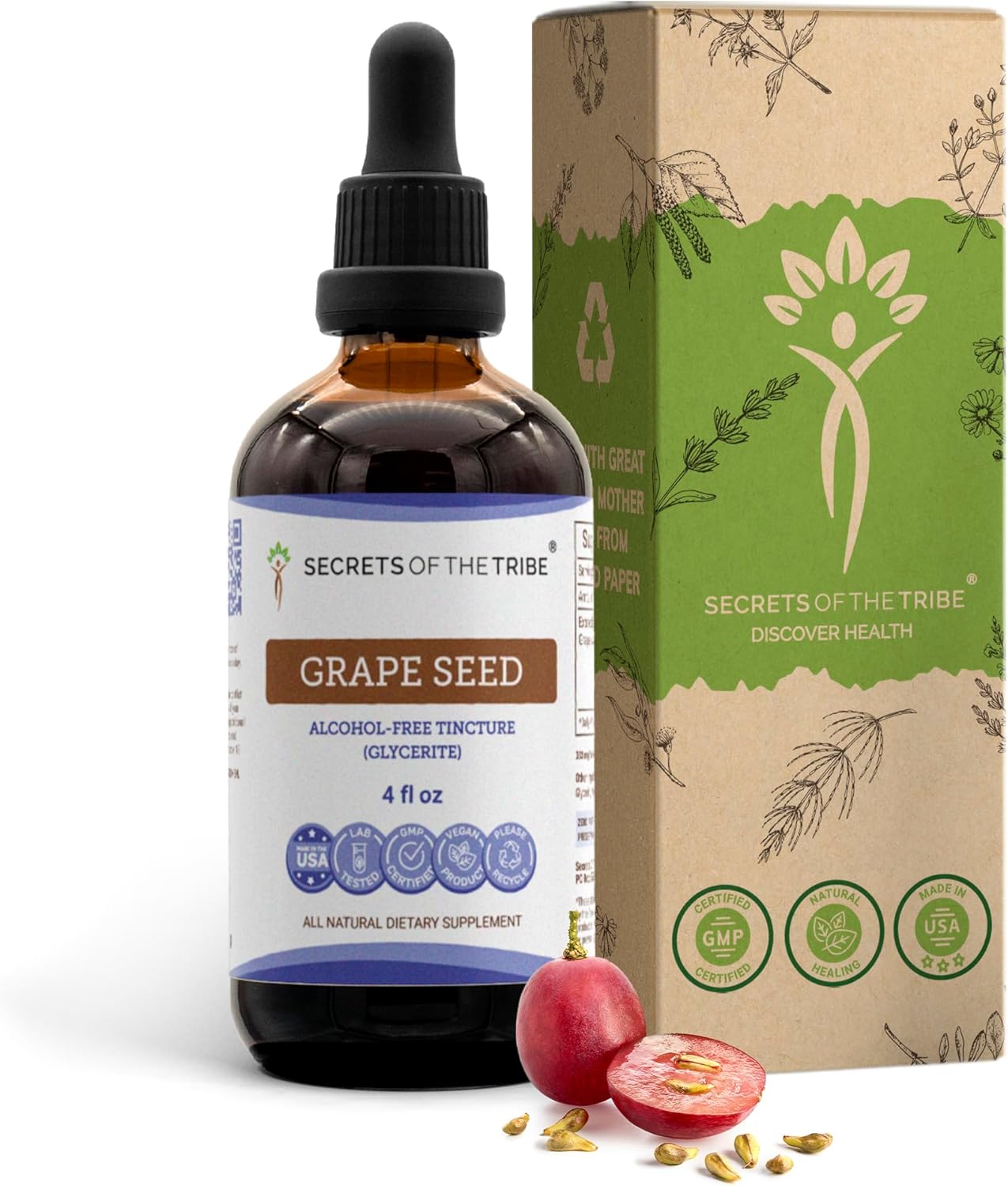 Secrets of the Tribe Grape Seed Tincture Alcohol-Free Extract, Grape (Vitis Vinifera) Dried Seed Tincture Supplement (4 FL OZ)