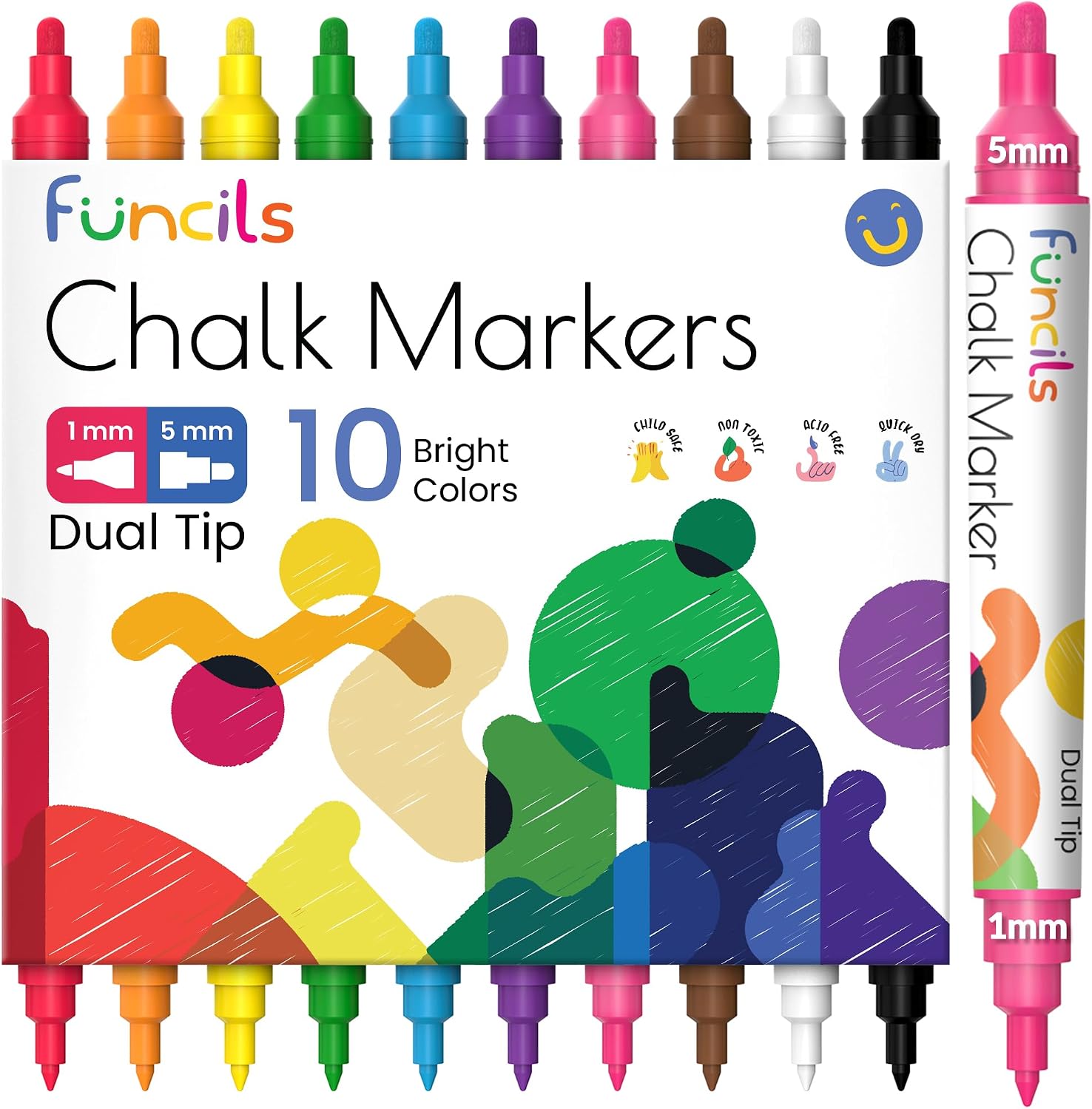 10 Dual Tip Chalk Markers for Blackboard, Chalkboards (1mm+5mm Fine, Bold)