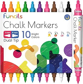 Dual Tip Liquid Chalk Markers for Blackboard (10 Pack, 1mm+5mm Fine, Bold) - Dry Erase Marker Pens for Chalkboards Signs, Car Windows, Glass, Mirrors - Erasable Chalkboard Markers