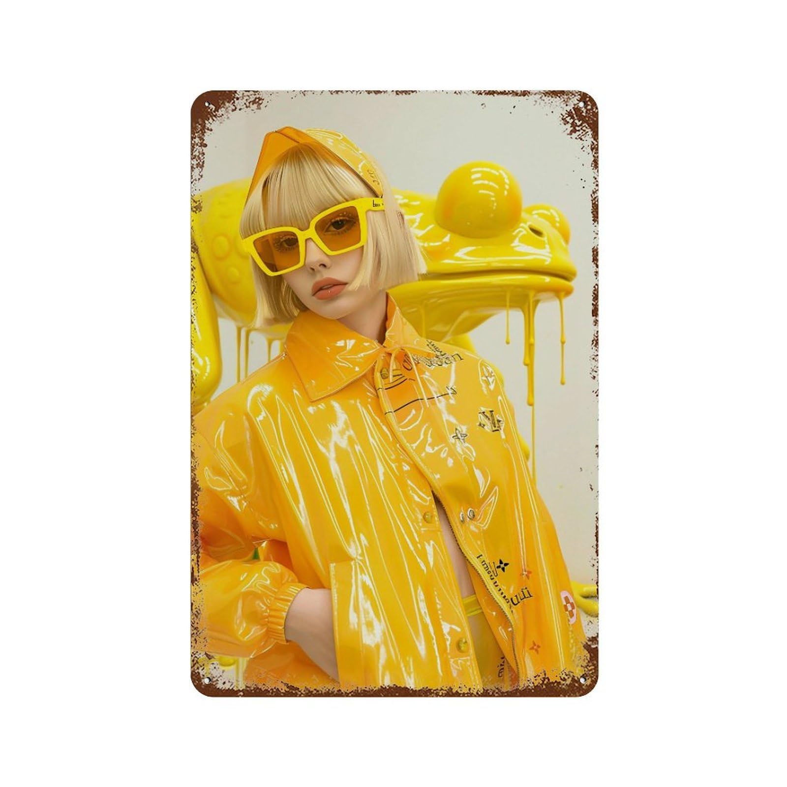 YHGERTKU Golden Frog & Yellow Girl Surreal 01 Wall Art Retro Iron Vintage Metal Tin Sign Poster Modern Decor for Living Rooms Gift 30x20cm