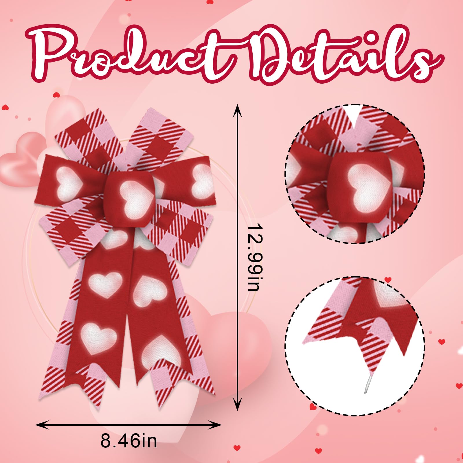 Threetols 2 Pack Valentine's Day Wreath Bows, Pink Red Buffalo Plaid Bows for Wreath Anniversary Red Heart Decoration Bows for Indoor Outdoor Holiday Proposal Wedding Party Decor