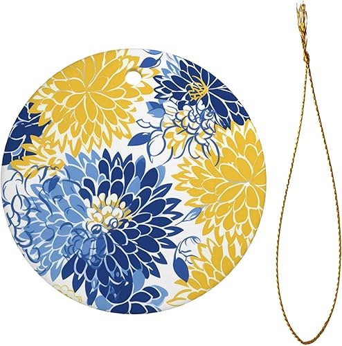 Flores azules y amarillas primavera árbol de Navidad adornos colgantes, decoraciones redondas de cerámica de Navidad para decoración navideña