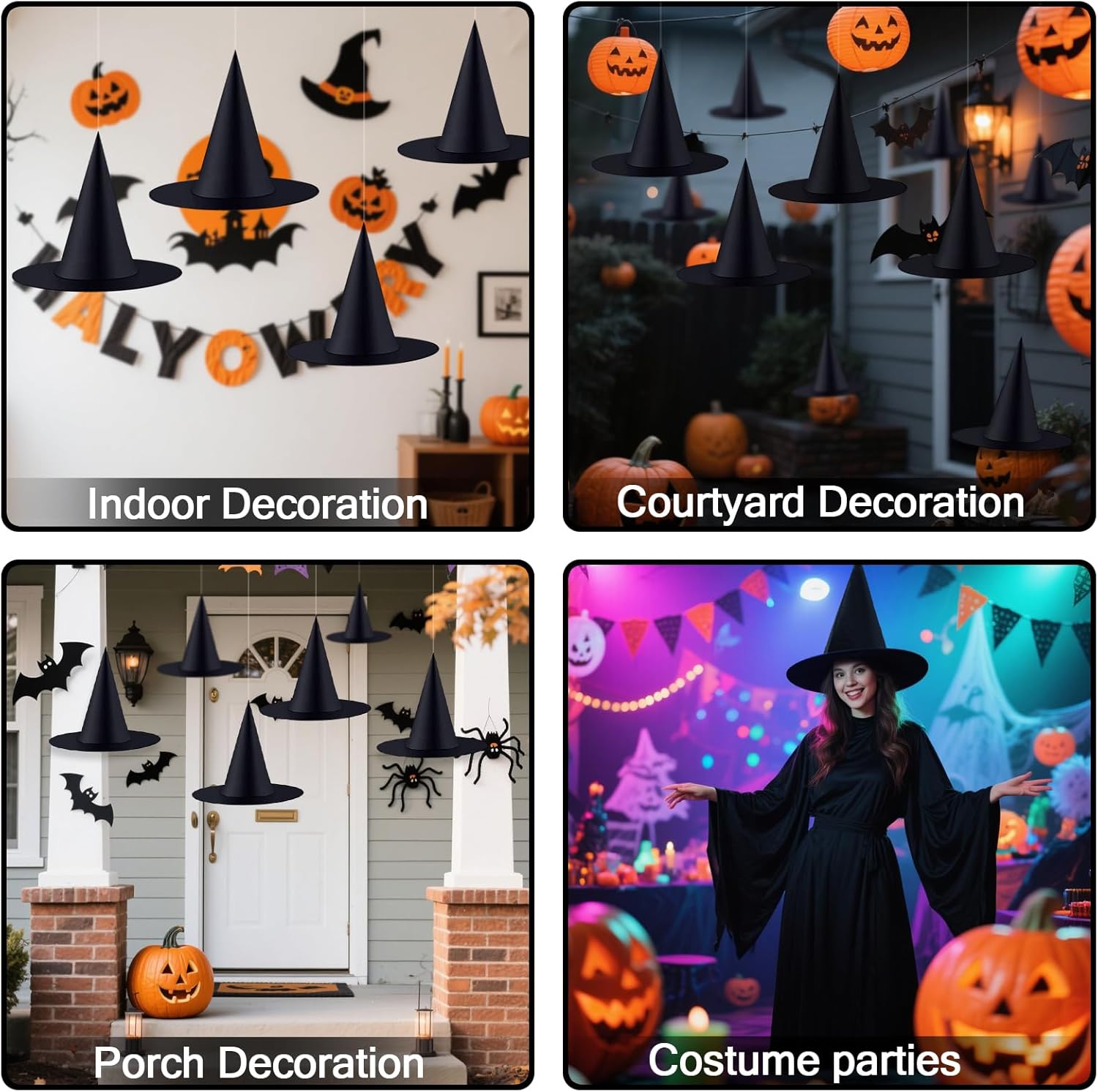 Halatool 6 Pcs Halloween Witch Hats, Black Hanging Witches Hat with 98 Feet Hanging Rope, Witch Costume Accessories Floating Hats for Halloween Party Indoor Outdoor Decoration - Image 6