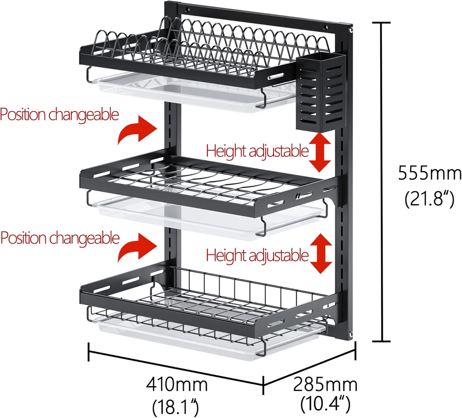 PUSDON Wall Mounted Dish Drying Rack, 3 Tier Stainless Steel Hanging Dish Drainer with Cutlery Holder, Drainboard and Hooks, Fruit Vegetable Kitchen Supplies Plates Bowls Cups Storage Shelf, Black