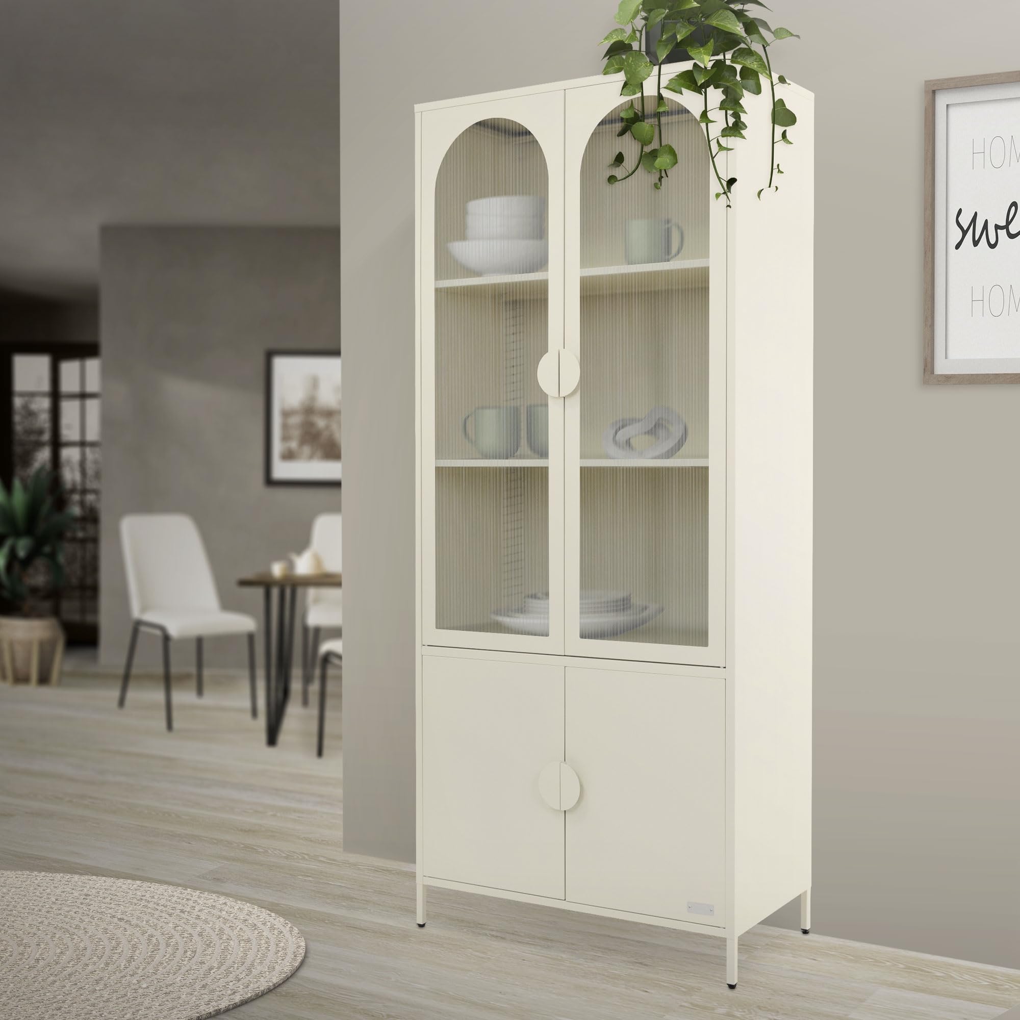 ML-Design Vitrinenschrank 80x185x40 cm aus Stahl, Creme, Küchenschrank mit 4 Ablage-/Regalfächer & 4 Türen, Metall Vitrine Hochschrank Bücherschrank Aktenschrank, Aufbewahrungsschrank für Wohnzimmer