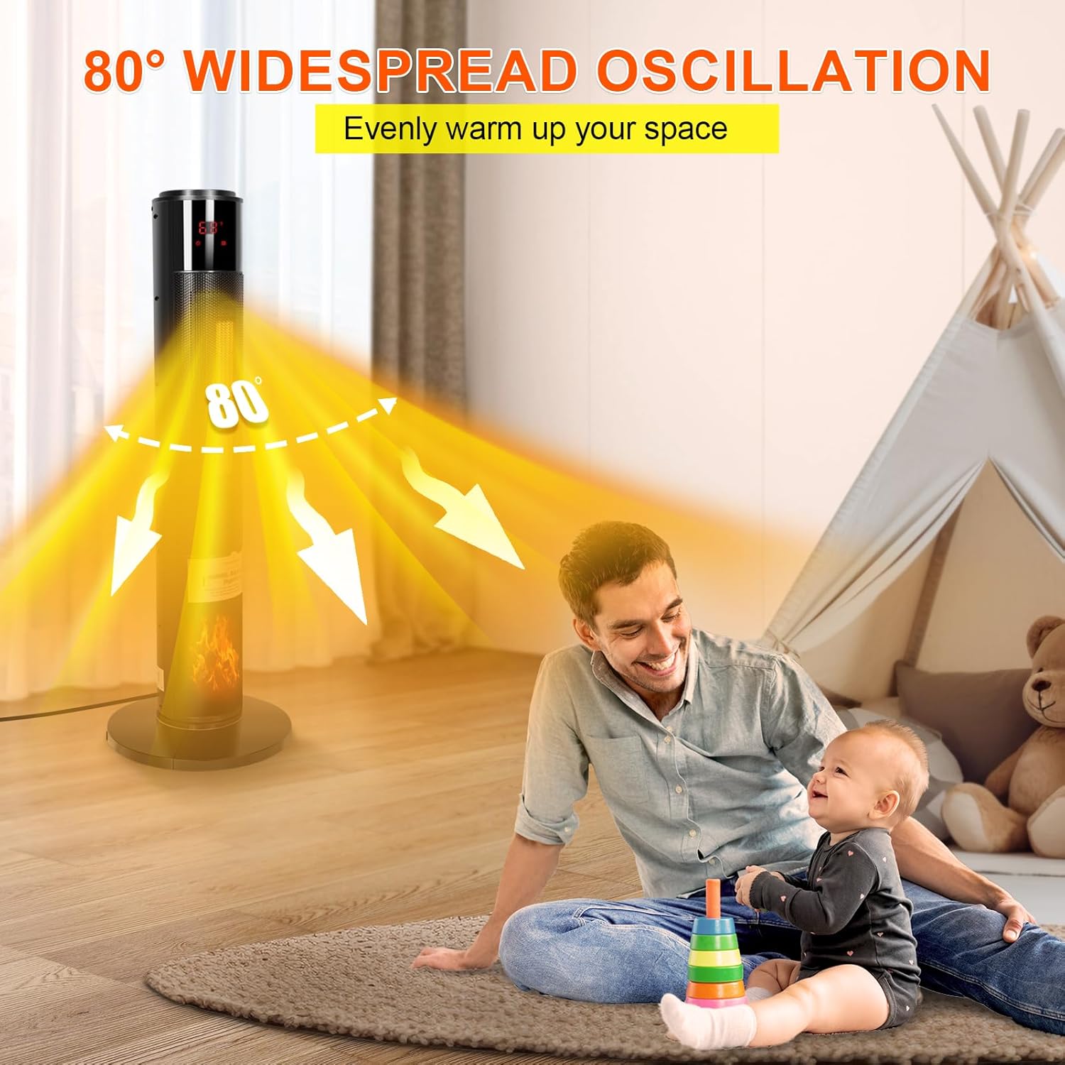 review CAYNEL Tower Ceramic & Flame Heater with 3D Flame and Oscillation Function, 3 Modes, Safety Alert Switch, Remote and Touch Control, Multiple Safety,Ideal For Home,livingroom, Black