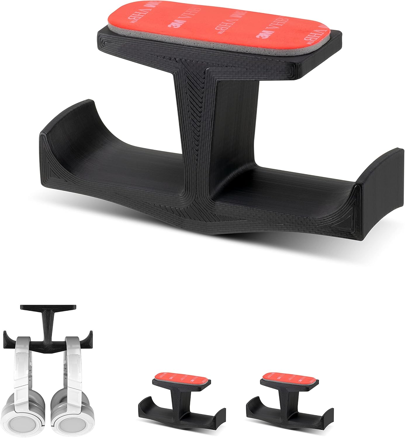 BRAINWAVZ BigT Dual Headphone Stand (2 Pack), Under Desk Hanger for Headphones, Gaming Headsets, Mobiles Accessories, Stick On, No Screws, Black
