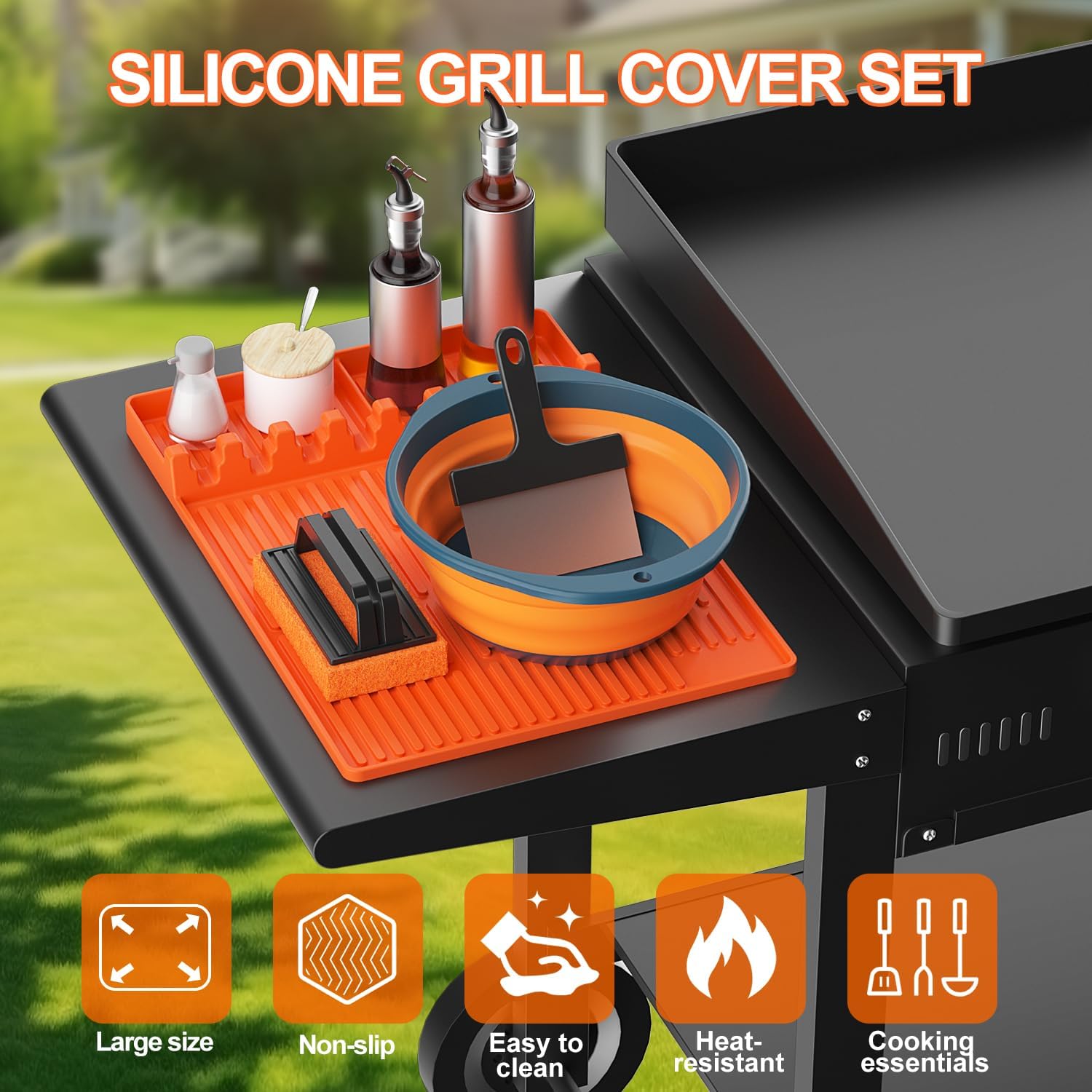 Silicone Griddle Cover Set for Blackstone 36" with 16" Blackstone Griddle Accessories, Cleaning Brush | Heavy Duty Food-Grade Grill Mats Accessories | All Season Protection from Dirt Rust​