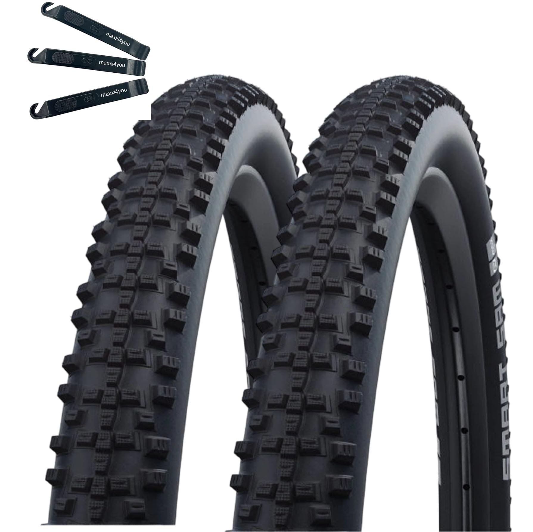 Angebot Set / 2 x Schwalbe Smart Sam Fahrradreifen Addix Performance Line Schwarz 54-507 (24 x 2,10) inkl. maxxi4you Reifenheber