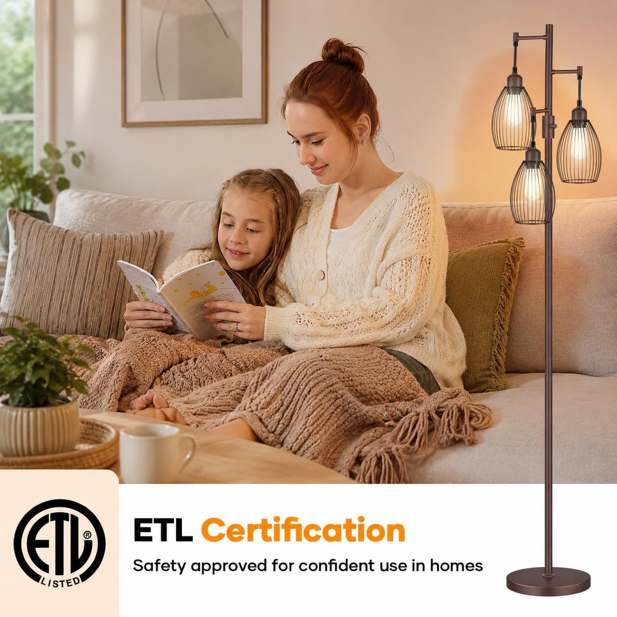  Dimmable Floor Lamp,3x800LM LED Bulbs Included, Farmhouse Industrial Floor Lamp Standing Tree Lamp with Teardrop Cage Head Tall Lamp for Living Room Bedroom Office Dining Room - Matte Brown thumbnail
