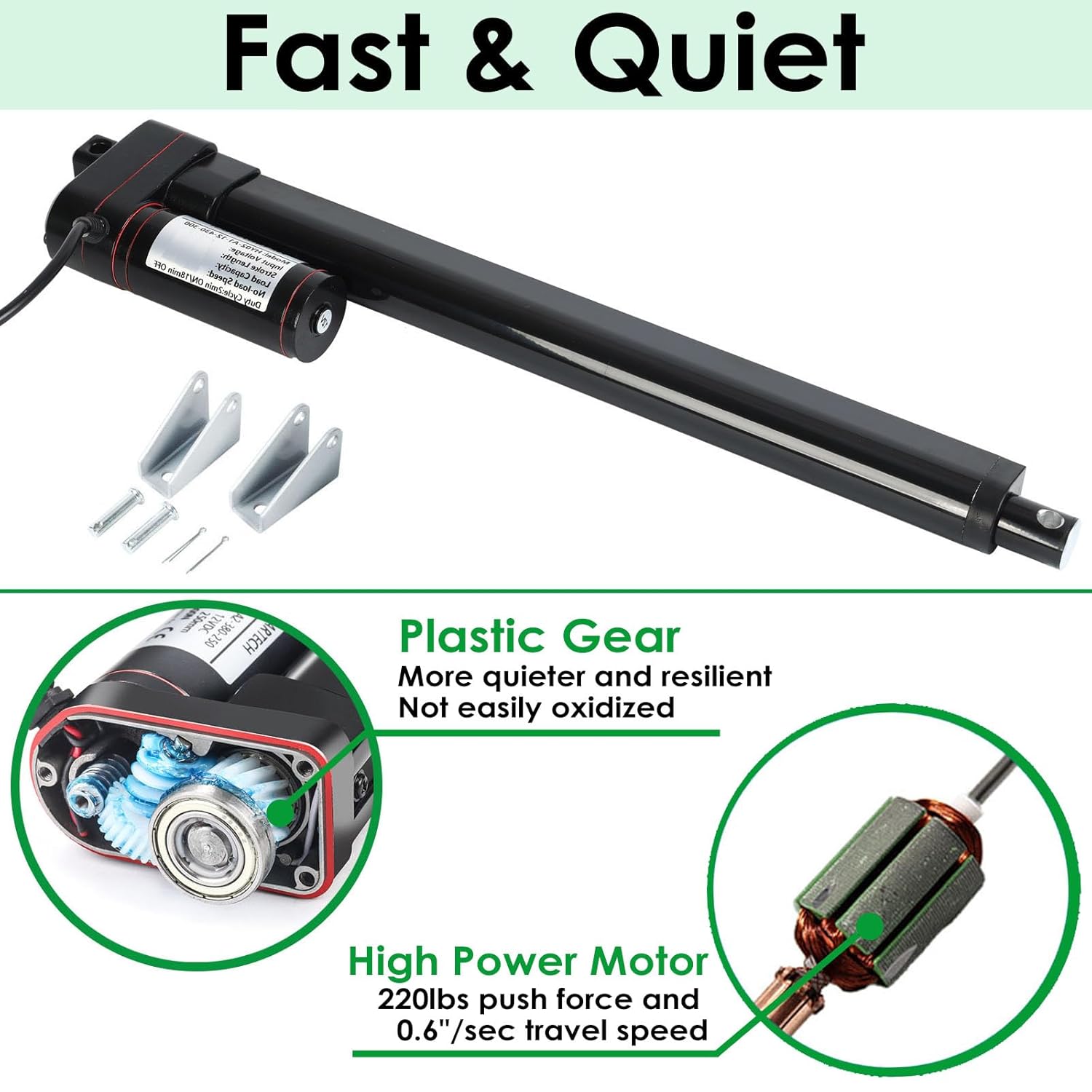 24 Inch 600mm 225lbs/1000N 0.6"/sec High Speed 12V Linear Actuator IP65 Waterproof Linear Motion Actuator with Mounting Brackets