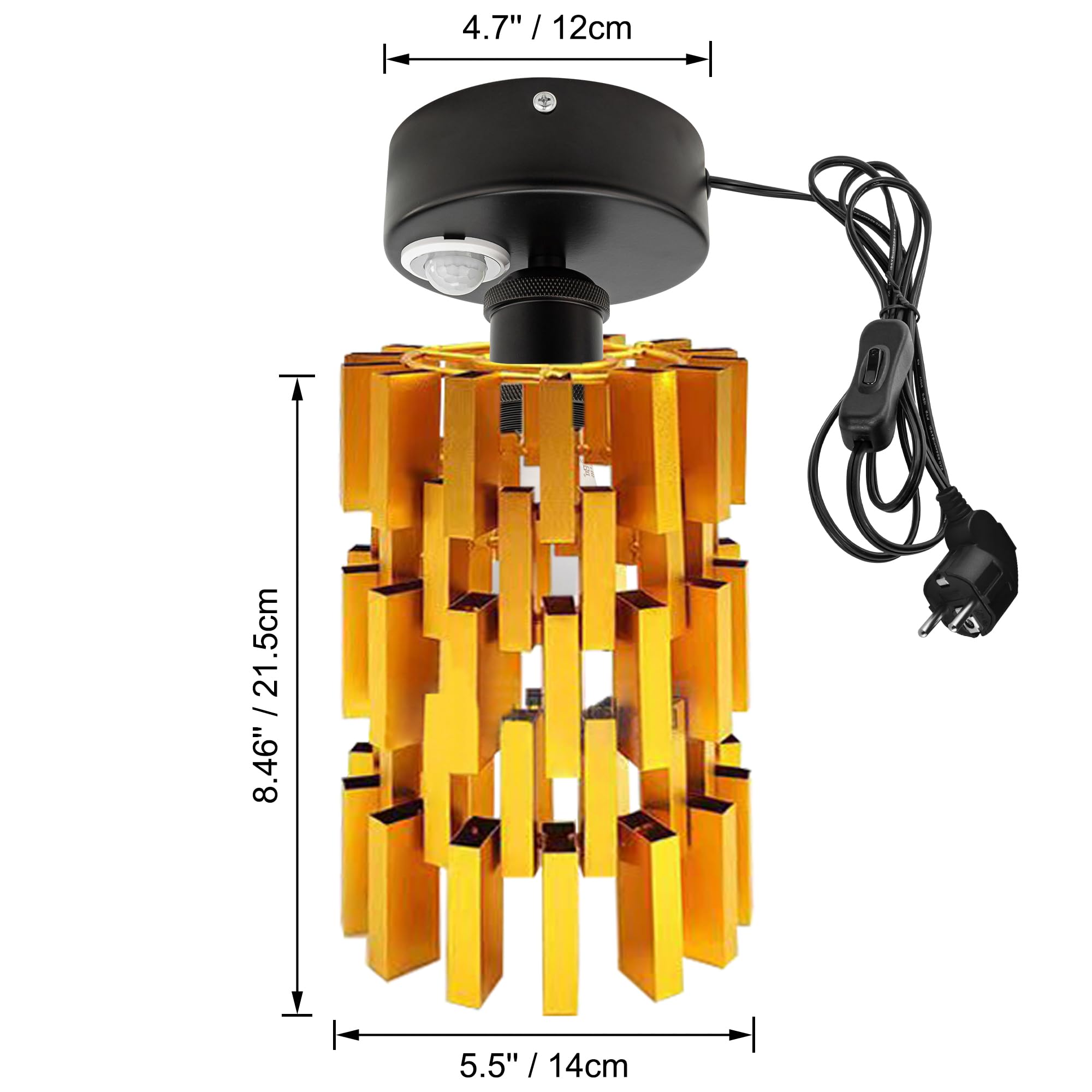 Plafoniera con sensore di movimento interno, lampada da soffitto in ferro industriale, sensore di movimento radar con cavo da 4,5 m e portalampada E27, per corridoio, bagno, scale, garage