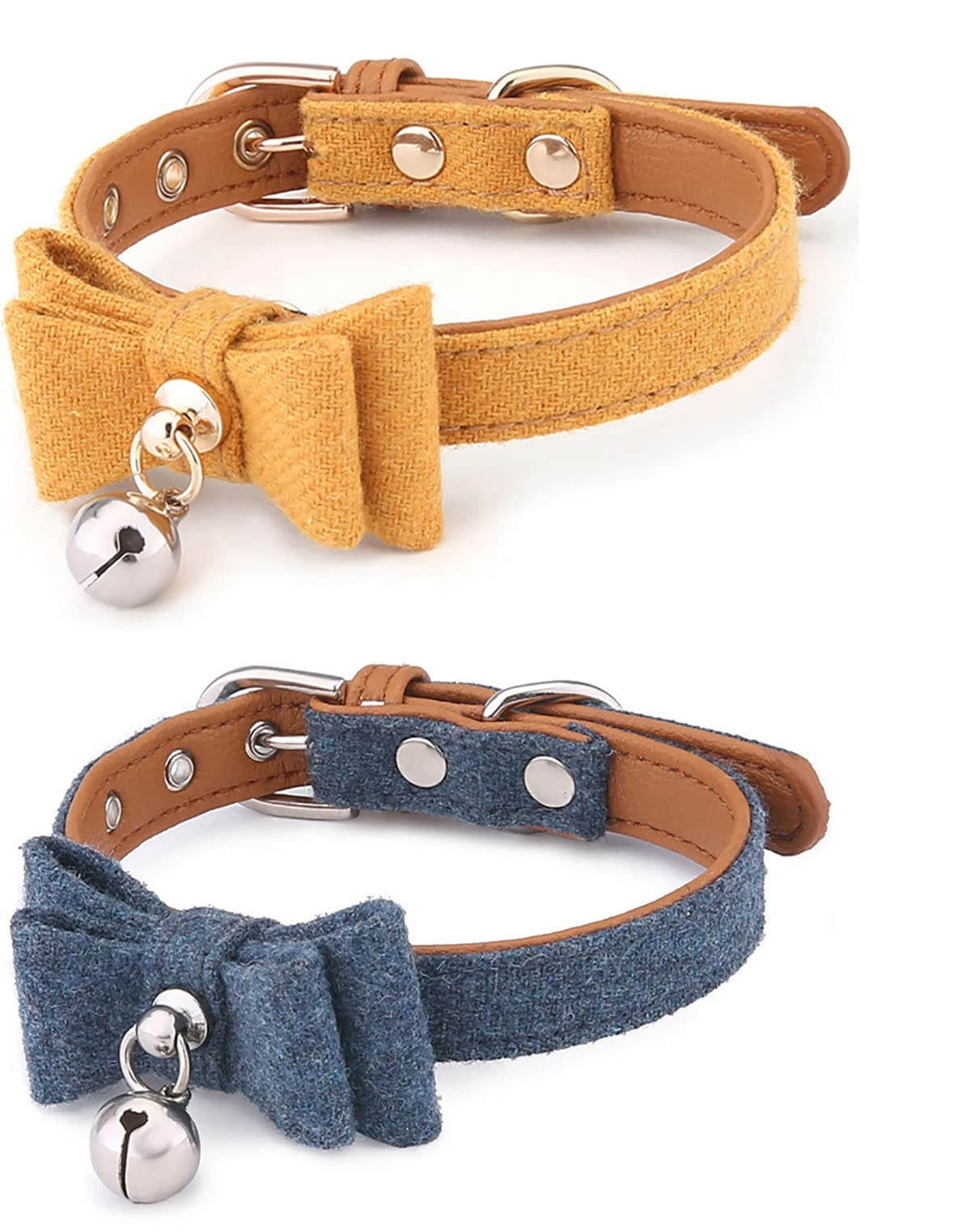 2 Pcs Cat Collars with Bells and Bows, Adjustable Soft Felt Pet Collar for Cats and Small Dogs, Quick Release Buckle with D-Ring for Leash, Yellow and Blue, 22-32cm