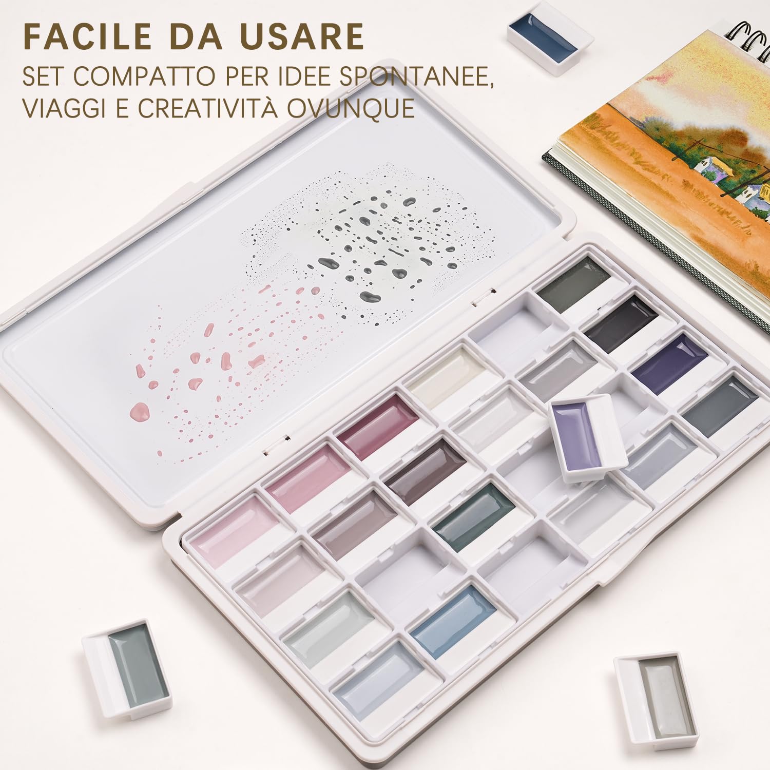 Set di Acquerelli Opaque - 24 Colori a Bassa Saturazione, Pigmenti Semi-Umidi con Tavolozza | Elevato Potere Coprente e Colori Opachi | Acquerello Professionale, idea per Artisti e Hobbisti