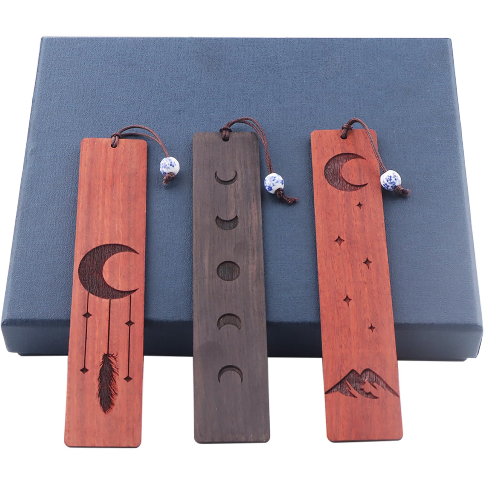 BouGPeng 3 Piezas Marcadores de Libros Luna de Montaña Marcapáginas de Madera Hecho a Mano Bookmark Marcador de Páginas con Caja de Regalo para Amantes de los Libros Mujeres y Hombres
