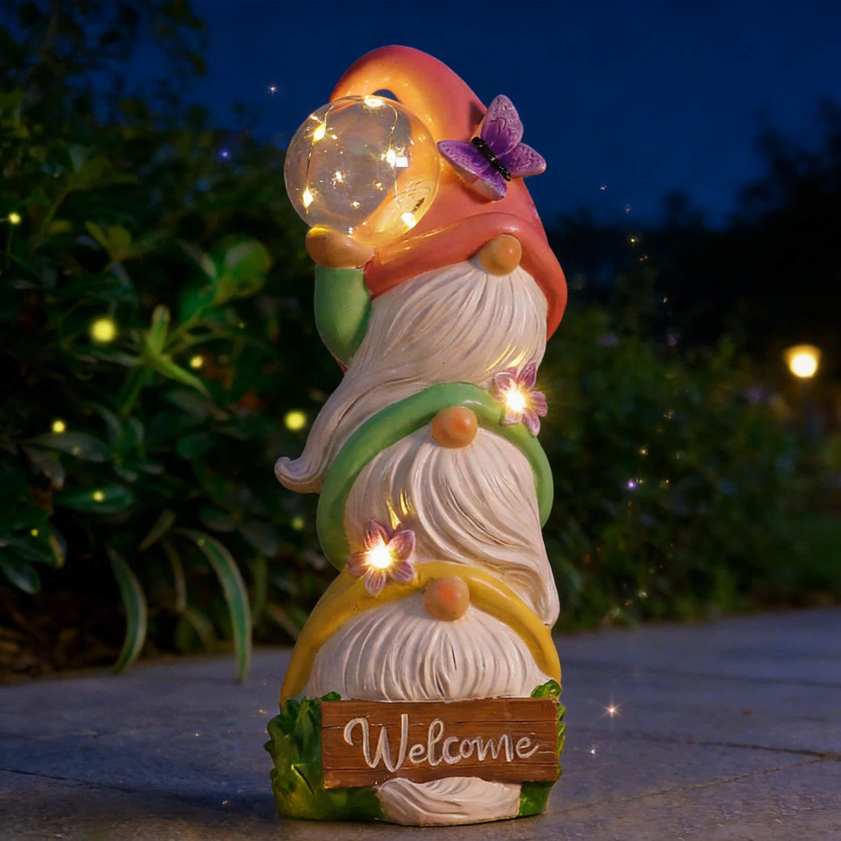 Statue di gnomi da giardino con luci solari, impermeabili per esterni, 3 gnomi primaverili impilati, sculture regalo di compleanno per donne, nonna, 30 cm, cartello di benvenuto