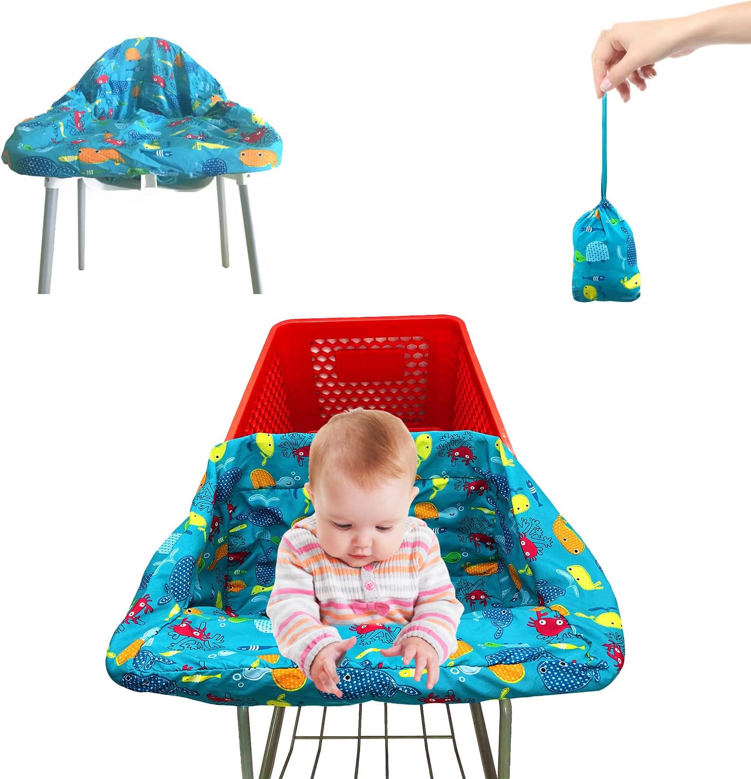 Pozico Baby Shopping Cart Cover & High Chair Cover – Machine Washable, Grocery Cart Cover with Portable Cloth Bag Included, Underwater World Blue Design