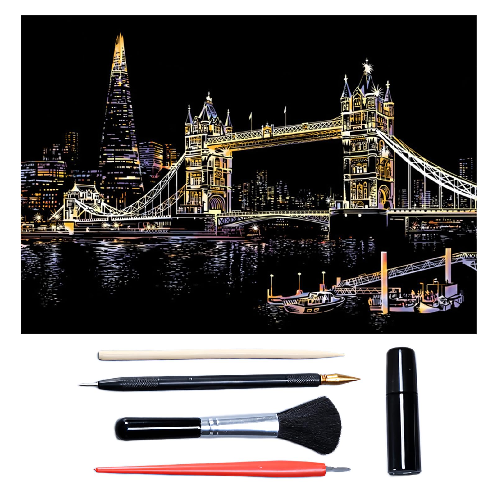 Scratch Art for Adults & Teens, Paint by Scratch 16 X 11.2 Inches, Scratch Off Paper Painting, Scratchart Kit Ornaments, Colorful Sketches Rainbow Scratch Art (Tower Bridge)