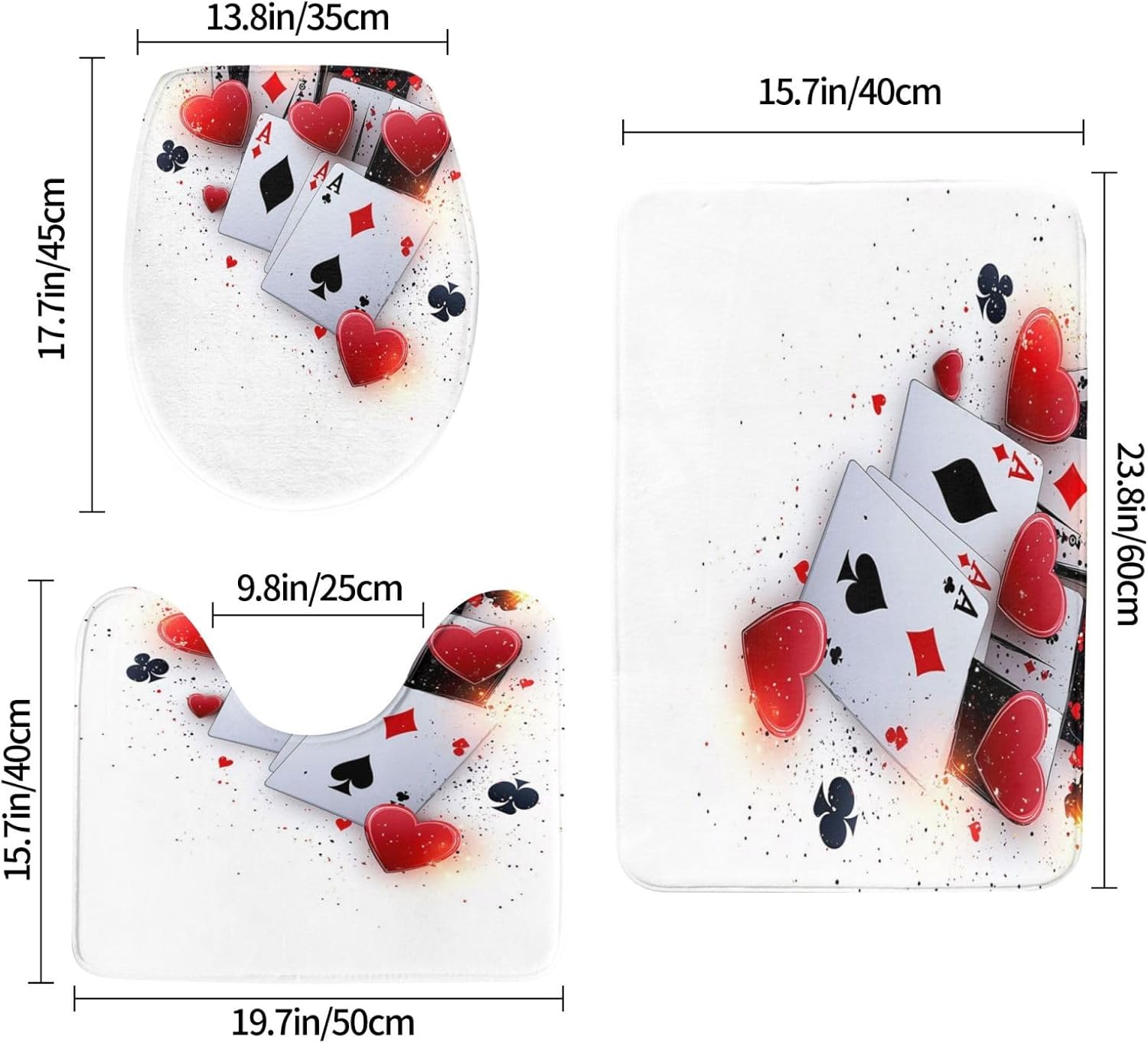 3 Piece Ace of Hearts Poker Cards Scattered Bathroom Rugs Set, Non-Slip Absorbent Microfiber Bath Mat Set with U-Shaped Toilet Mat for Bathroom Tub Shower