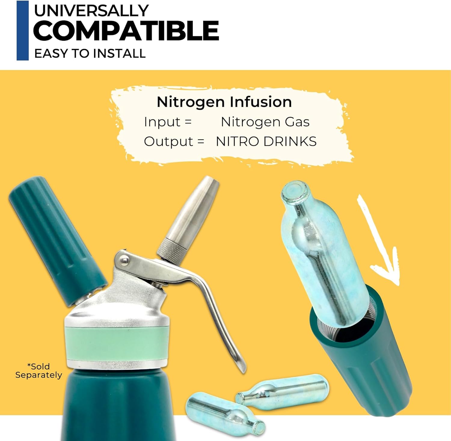 ICO 20pcs Nitrogen Cartridges N2 2g Non-Threaded Chargers and NITRO KAFO Nitro Coffee Maker & Cold Brew Maker, 1 Pint/0.5L