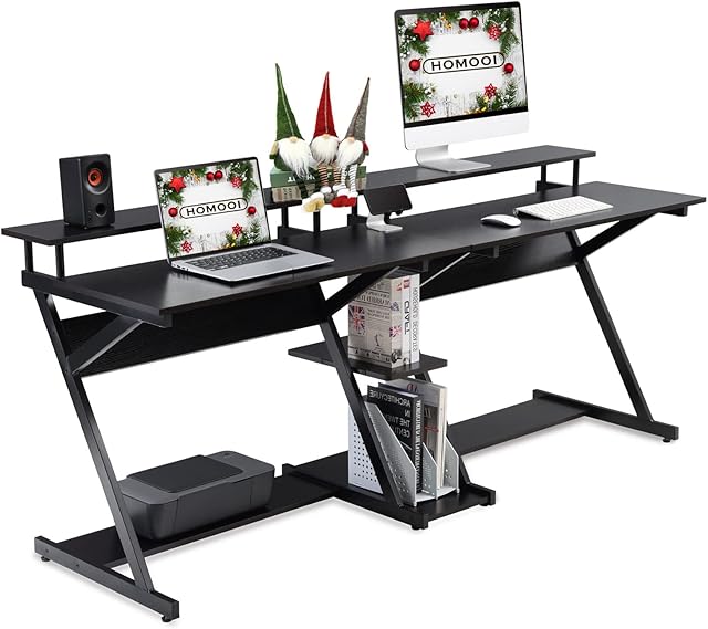 HOMOOI Computer Desk for Two Person Wood Black Z-Shaped with Monitor Riser Storage Writing Table Workstation for Home Office 200x60x84cm H01B3200B