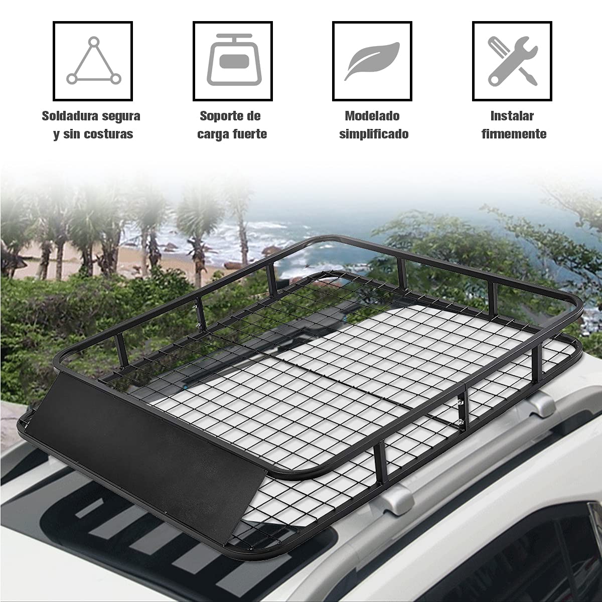 GYMAX Barras de Techo con Cortavientos, Portaequipajes de Metal, Resistentes a la Intemperie hasta 75 kg, Cesta de Equipaje para SUV y Camiones, 122,5 x 102 x 15 cm