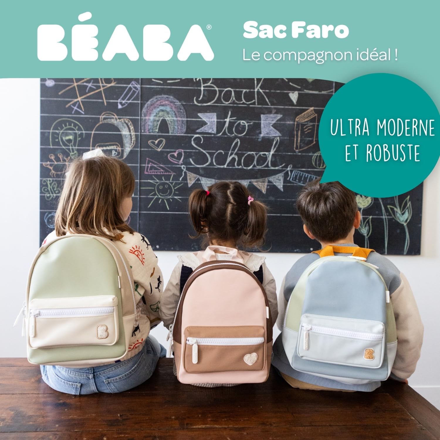 BEABA, Sac à Dos Enfant Maternelle, Cartable, 2 Poches, Etiquette Prénom, Effet Gomme, Large Zip, Anses Ajustables, Dos Rembourré, Waterproof, Moderne, Robuste, Facile à nettoyer, Faro, Vert de gris