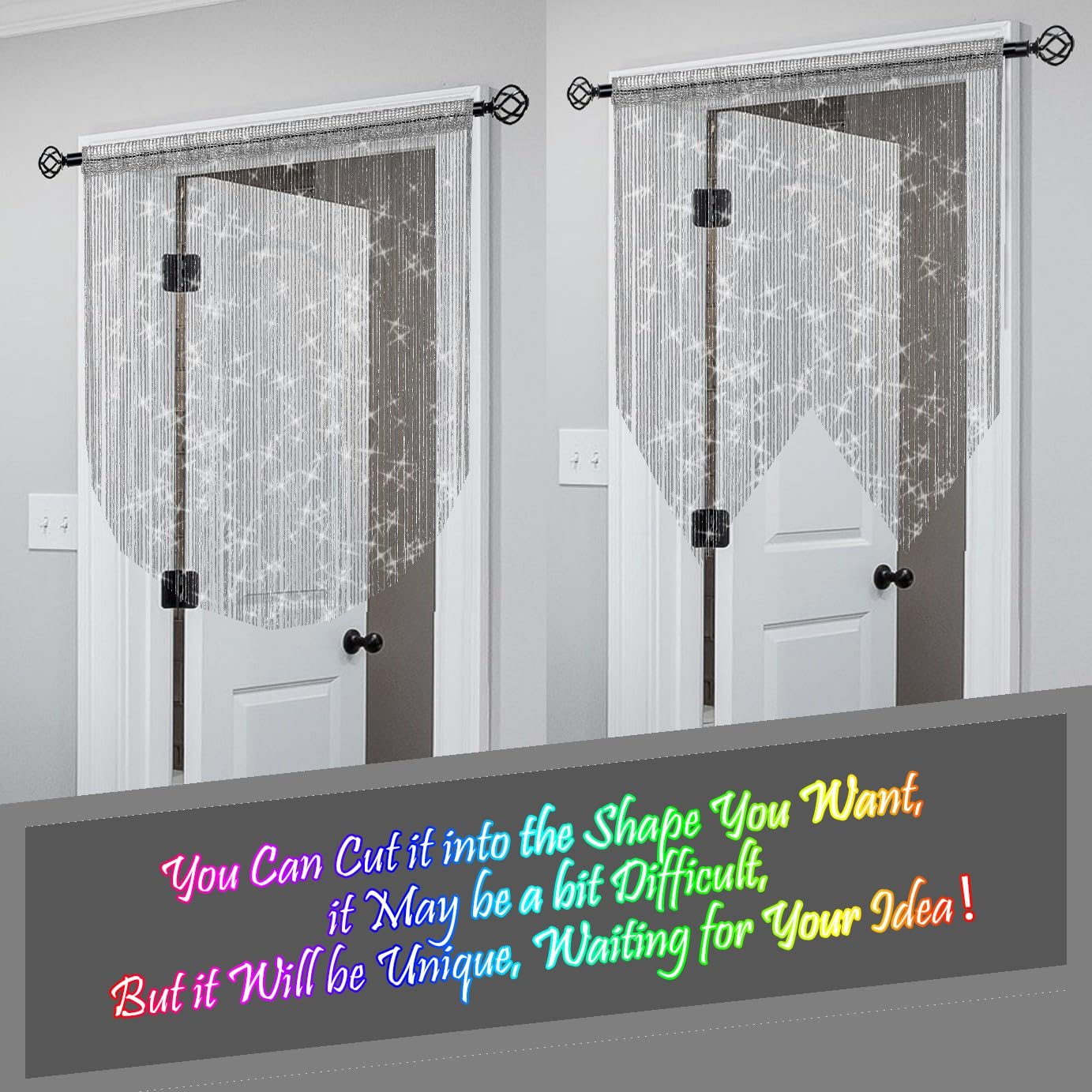 Lot de 4 rideaux à ficelles à franges à paillettes pour porte, séparateur de pièce à suspendre, décoration hippie à paillettes, décoration de placard, fenêtre, mur, portes de style bohème (argent, 99