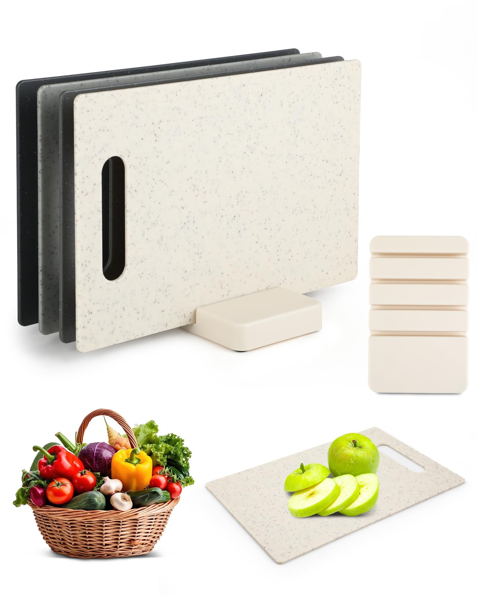 Set van 4 snijplanken van kunststof, dubbelzijdige snijplanken met praktische sokkel, robuuste snijplanken en ontbijtplankjes, set van 28 x 18,5 cm, ruimtebesparend en gemakkelijk te reinigen