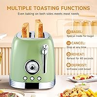 Vista 2 de Green Cute Retro Toaster 2 Slice with 1.58" Wide Slots, with Stainless Steel Lid, with Warming Rack, Preheat, Defrost, Countdown Timer Display 2025