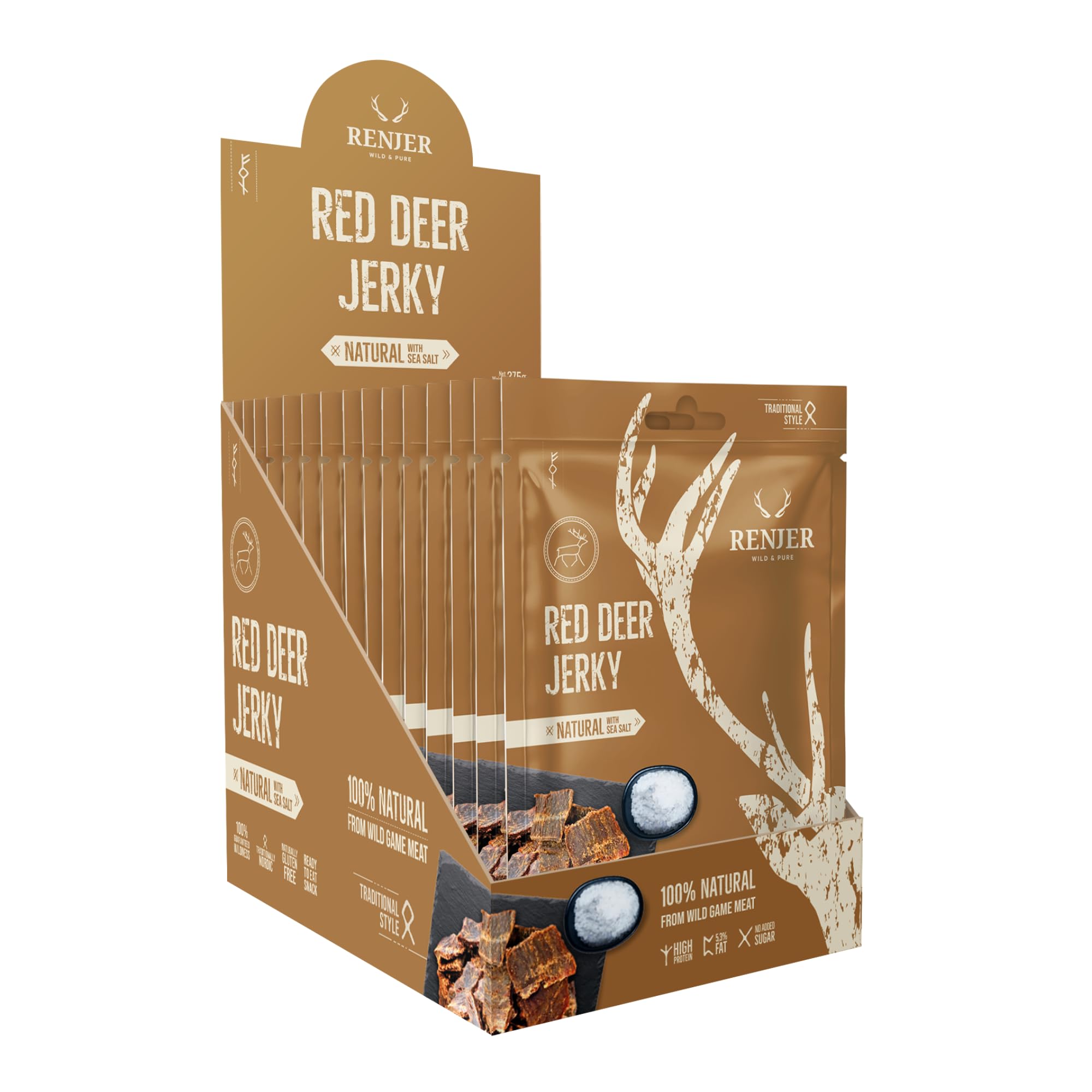 Renjer Red Deer Jerky with Sea Salt - Confezione da 15 (15 x 25 g) - Autentica esperienza di gusto nordico, carne di selvaggina, qualità gourmet