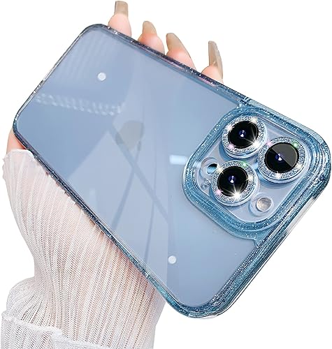 Funda para iPhone 14 Pro con cubierta protectora de lente de cámara brillante, lindo diamante brillante, parte trasera delgada y purpurina