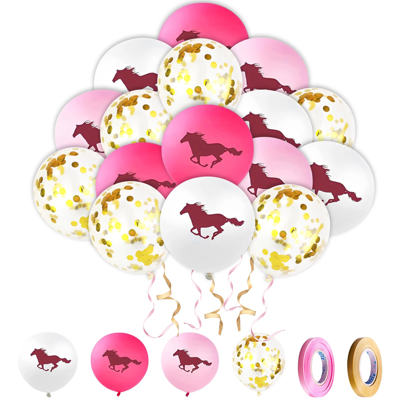 Globos Colores de Caballo, 40 Piezas 12 Pulgadas Globos Fiesta de Vaquera, Balones Rosa Blancos Rojos y Globos Confeti Dorado, con Cinta, Globos Decoracion para Niñas Cumpleaños Bodas Vaquera Fiesta