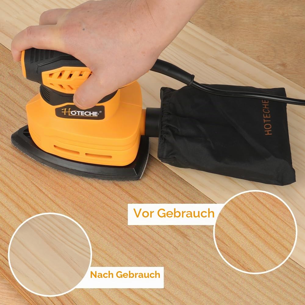 Hoteche 160W Deltaschleifer - Leistungsstarke Schleifmaschine für Holz, Möbel & DIY - 13000rpm, Selbstabsaugung, 140x140x80mm Platte, inkl. Carbonbürsten, 5 Schleifblätter & Staubbeutel