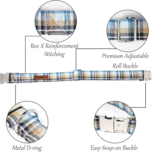 Miniatura 4 de Lionet Paws Collar de perro para niño, cómodo y ajustable, lindo collar de cuadros azules con hebilla de metal para regalo de perros machos, grande,