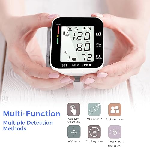 Miniatura 11 de MMIZOO Monitor de presión arterial de muñeca, pantalla LCD grande, máquina BP, puño ajustable de 5.31 a 7.68 pulgadas, automático, 99 x 2