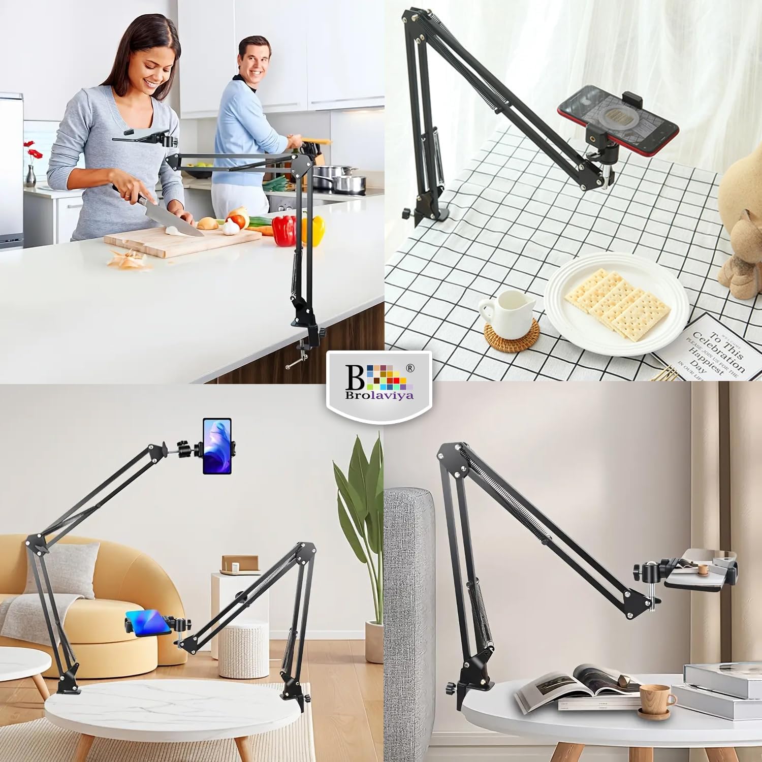 Overhead Video Mobile Stand, Metal Long Arm,1/4" Ball Head Male for Camera,Gopro Webcams,Mobile Bracket for Video,Desktop,Bedroom, Office, Table Mount, Black