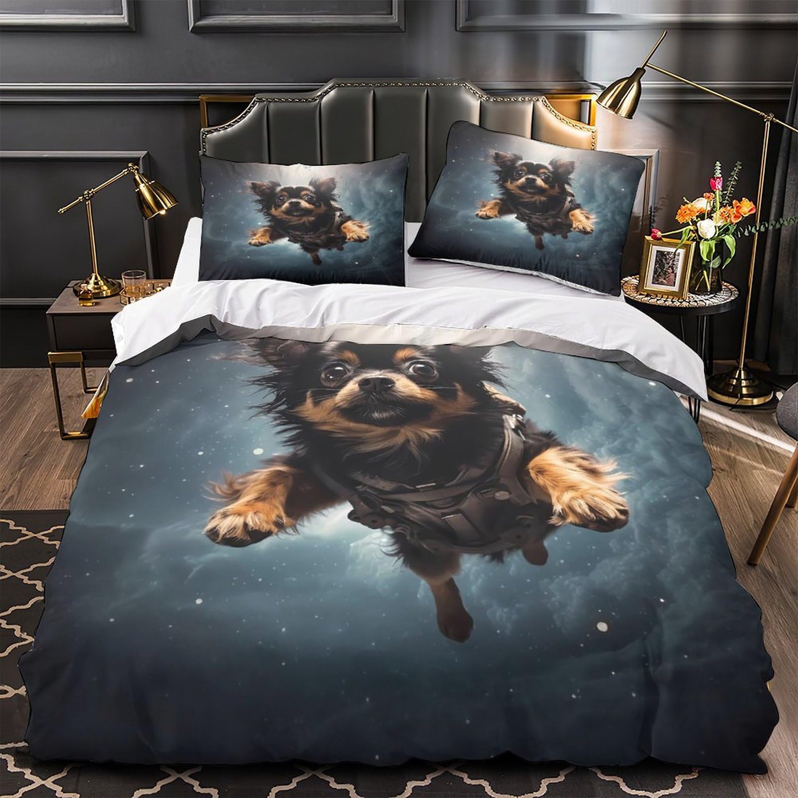 Avventura con un cane nello spazio Impressione 3D 3 pz cover piumone Fantasia cosmica di animali domestici coperteletto microfibra morbida antiacari per bambini ragazzi adulti King（220x240cm）