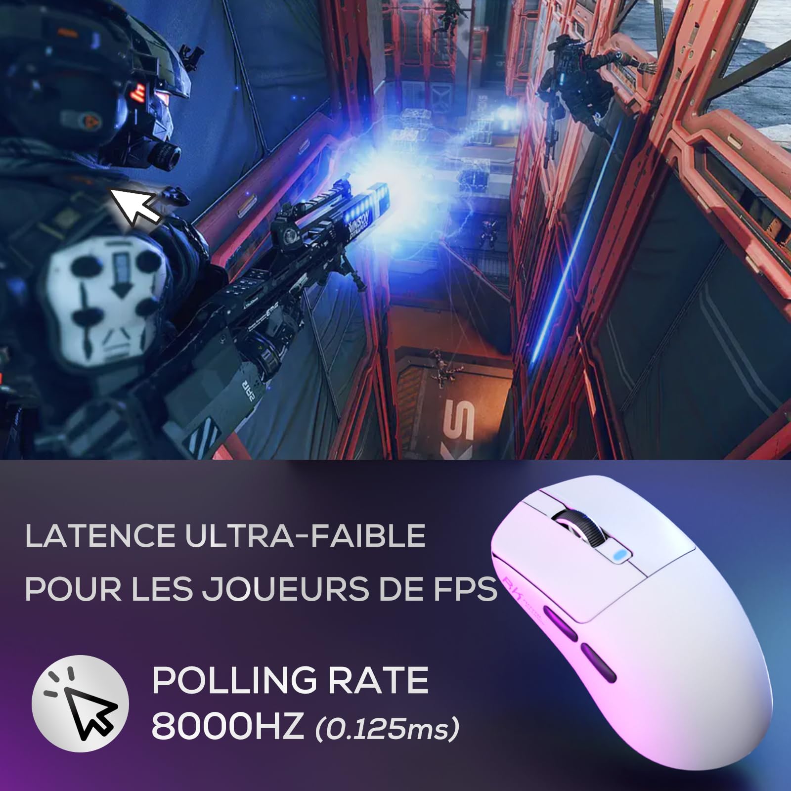 RK ROYAL KLUDGE M3 Souris Sans Fil 47g Ultra-Légère avec Capteur de Haute Précision PAW3950, Souris Gamer 3 Mode (BT / 2.4G / USB-C), 30K DPI, 6 Adjustable, Batterie 650mAh, Confort Ergonomique, Blanc