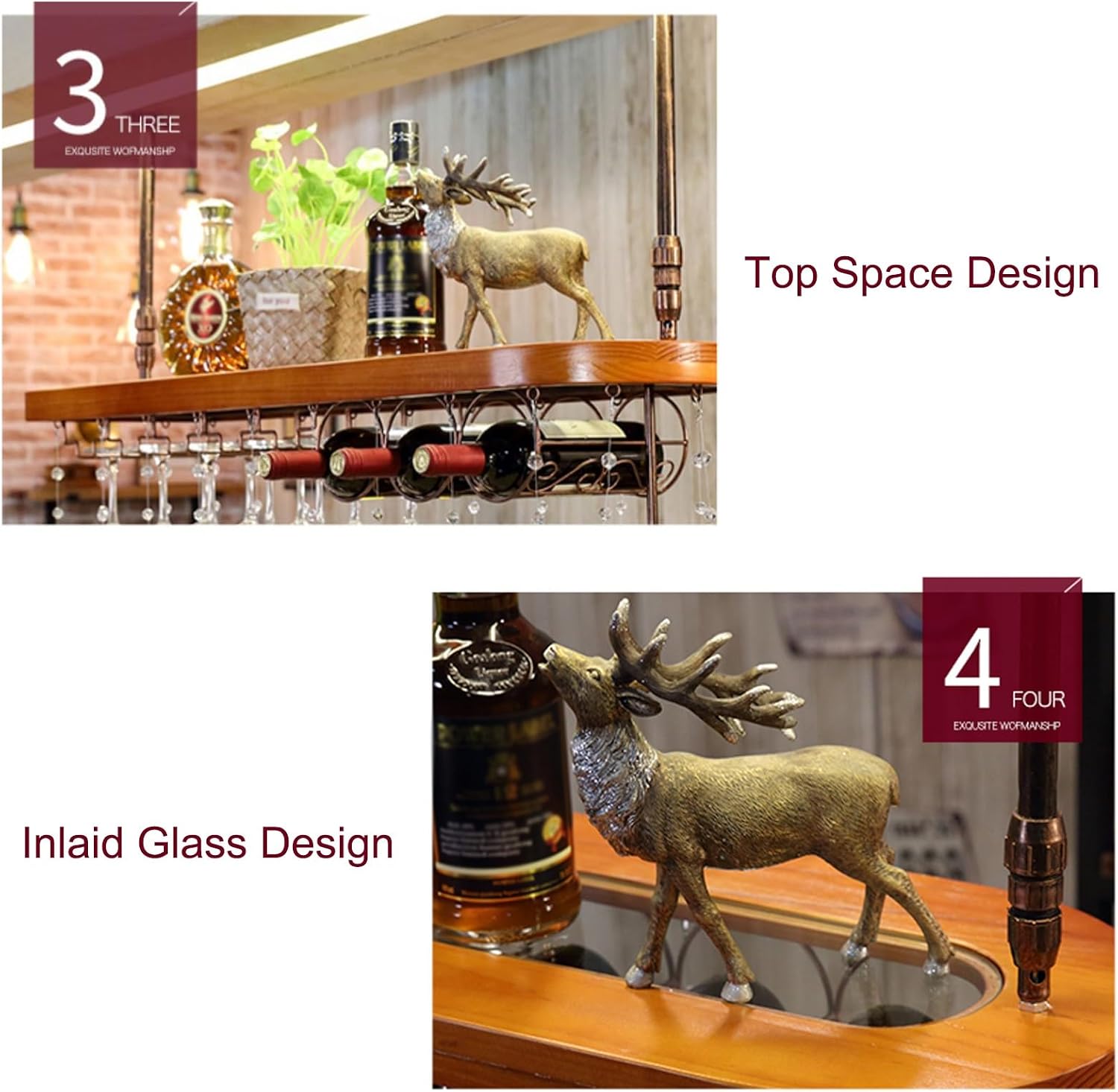 Metal Ceiling Mounted Adjustable Hanging Wine Glass Rack with Shelf Ideal for Home Bar Cafe Kitchen Space Saving Storage Solution.