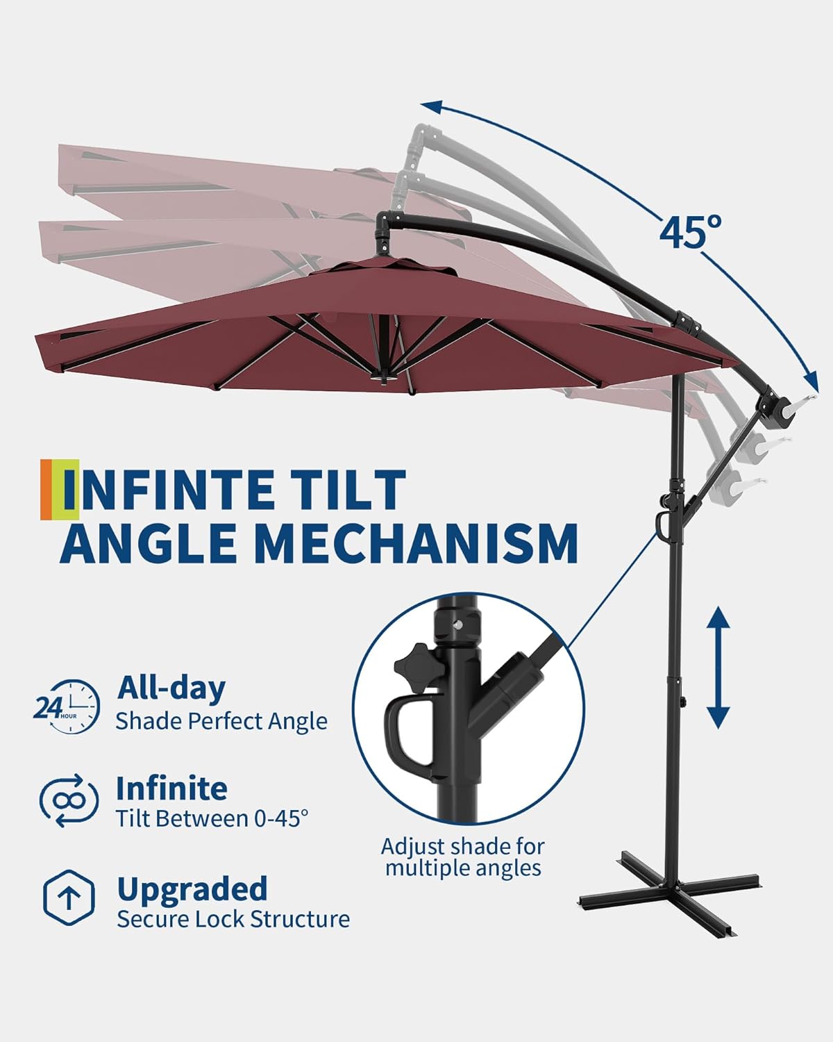 GarveeLife 10 ft Outdoor Offset Umbrella with Cross Base, Fade Resistant Canopy Large Patio Umbrella with Infinite Tilt and Crank Lift for Deck Pool Garden Backyard, Tan (Wine Red) - Image 3