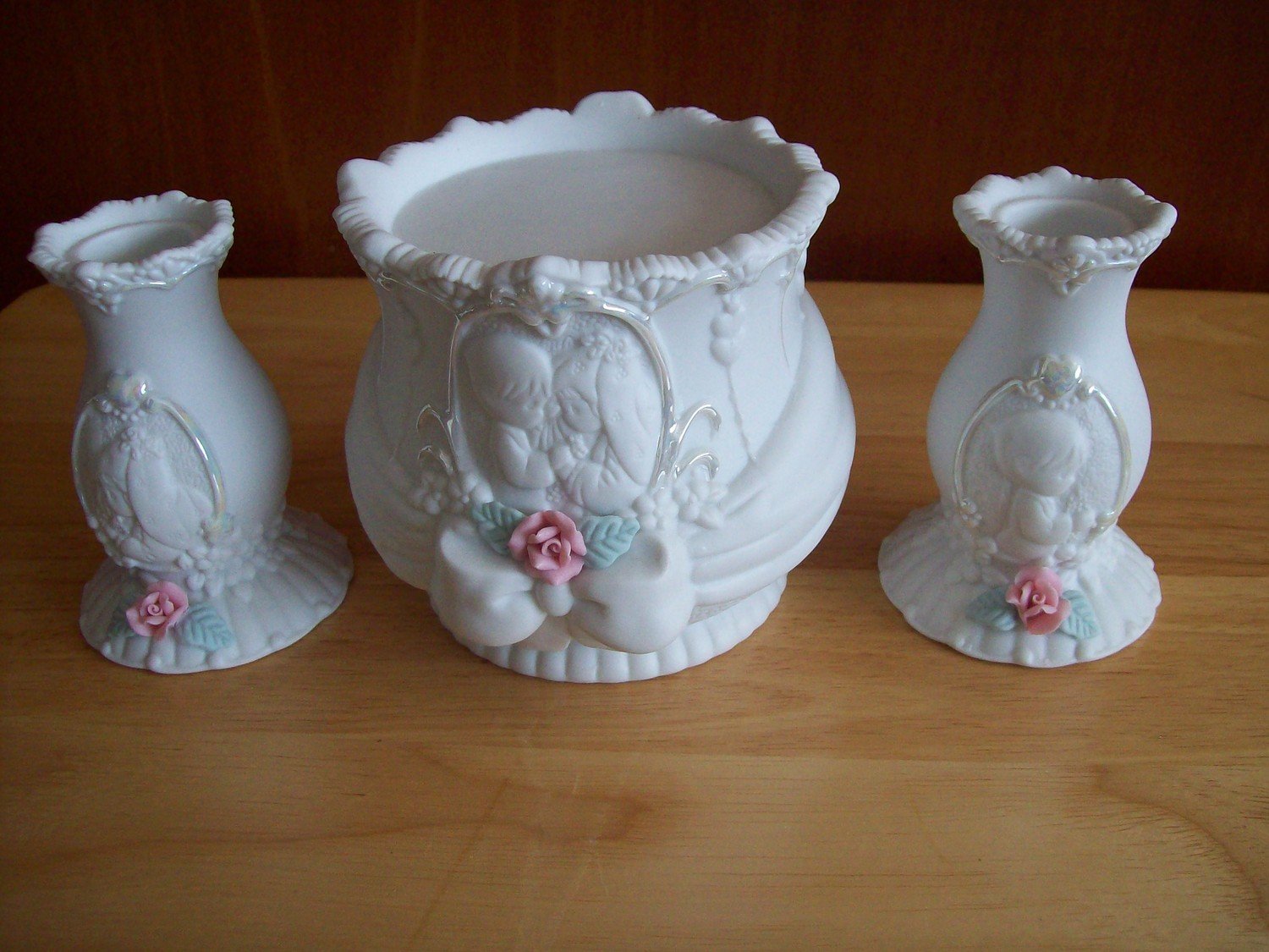 Precious Moments 522023 Wedding Unity Candle Set 3 Piece Holders Bride Groom 1994