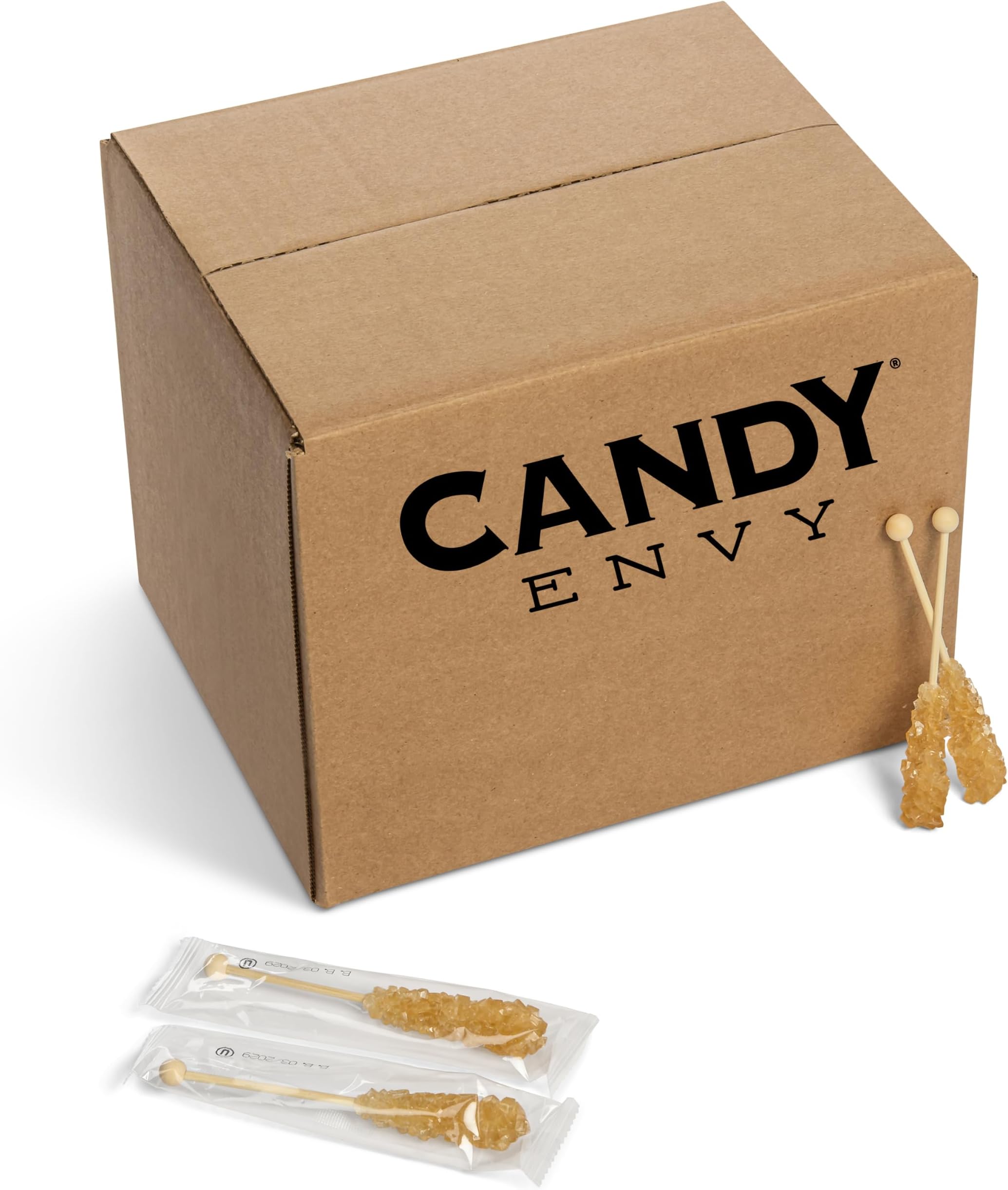 Candy Envy - Amber Mini Rock Candy Sugar Sticks - 100 Bulk Individually Wrapped Amber Treats - Original Sugar Flavored