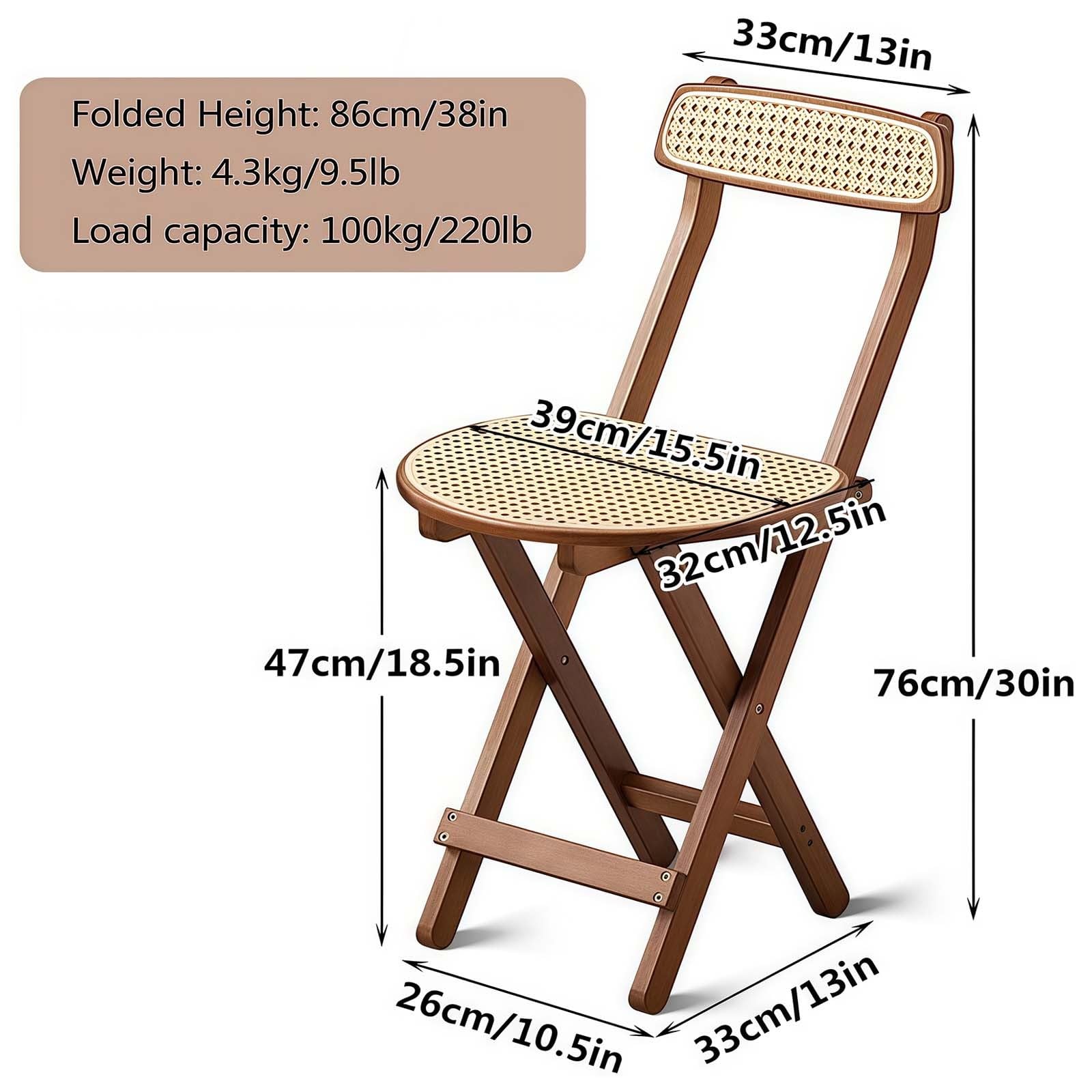 Por bambusowy składany z oparciem rattanowy jadalniaOszczędność miejsca wysokie ol 99.8 kg Capaci Walnut Kuchnia Futro 76 cm Design