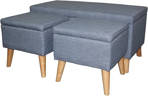 Ore Internacional 18" Gris Tartán Almacenamiento Banco + 2Otomano Asiento de almacenamiento, Poliuretano, Azul aguamarina