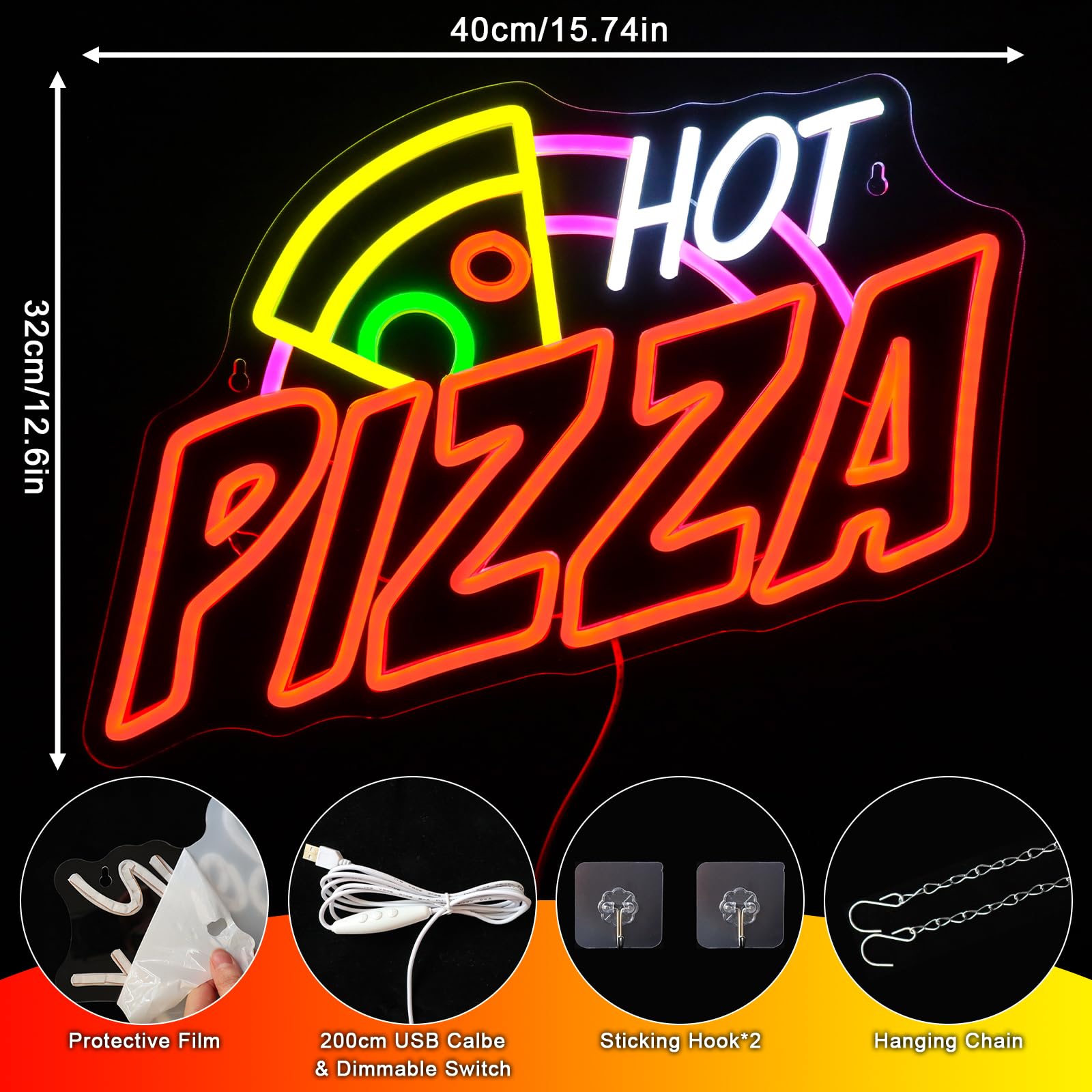 Neonowy znak z pizzą, neonowa tablica LED, neonowa tablica na ścianę, neonowy znak do pizzerii, z USB, neonowa tablica LED, do pizzerii, ciężarówek z jedzeniem, sklepu, kuchni, baru