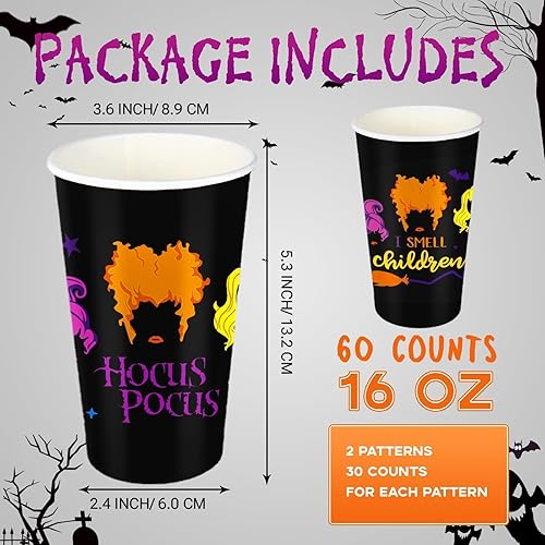 Miniatura 2 de 60 vasos desechables de Halloween de 16 onzas, vasos de papel para fiesta de Halloween, con la frase "I Smell Children Hocus Pocus Cups for Kids