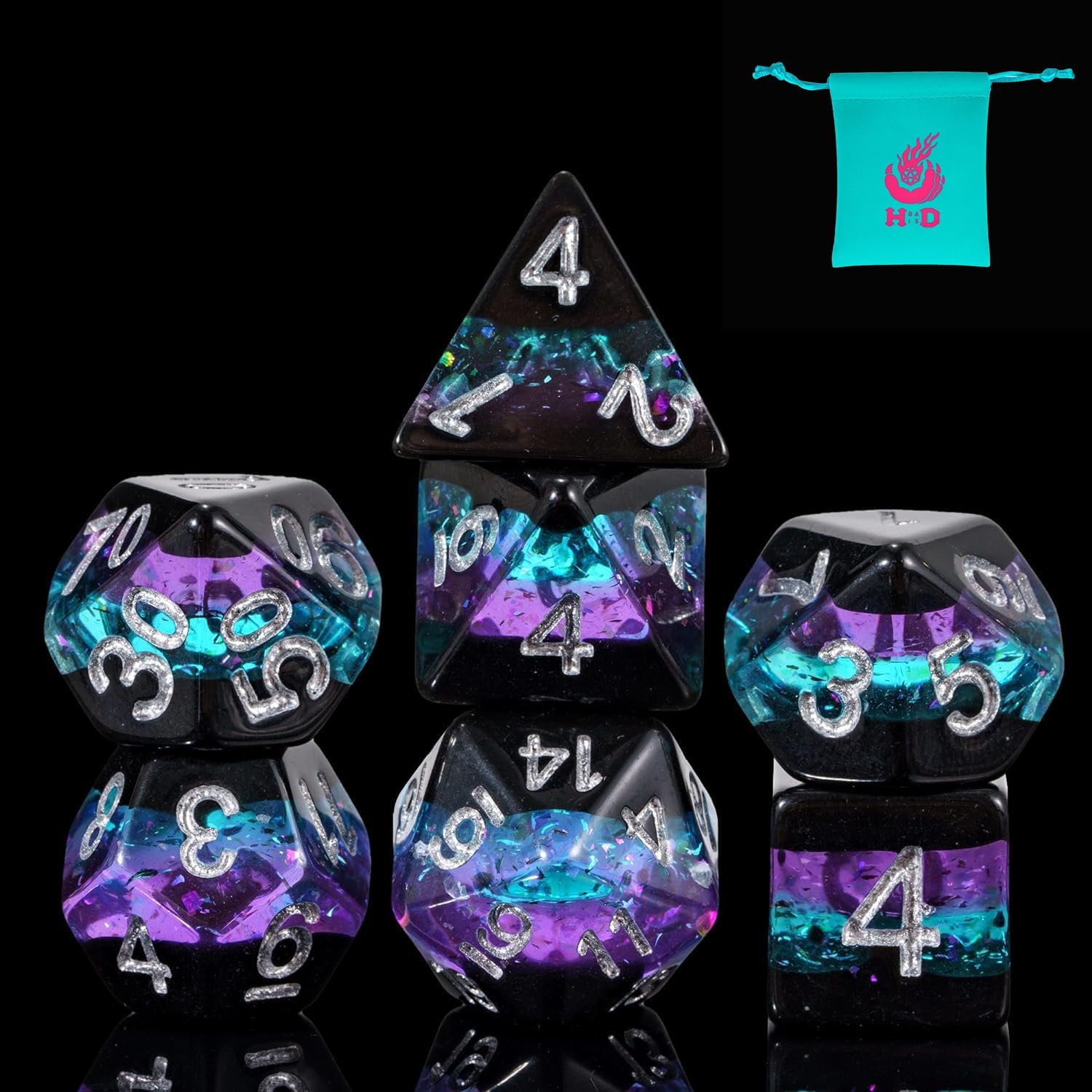 Glitter DND Dice Set, 7PCS Sequins RPG Dice Set with Leather Pouch for D&D Role Playing Games and Other Tabletop Games （Purple&Blue&Black ）