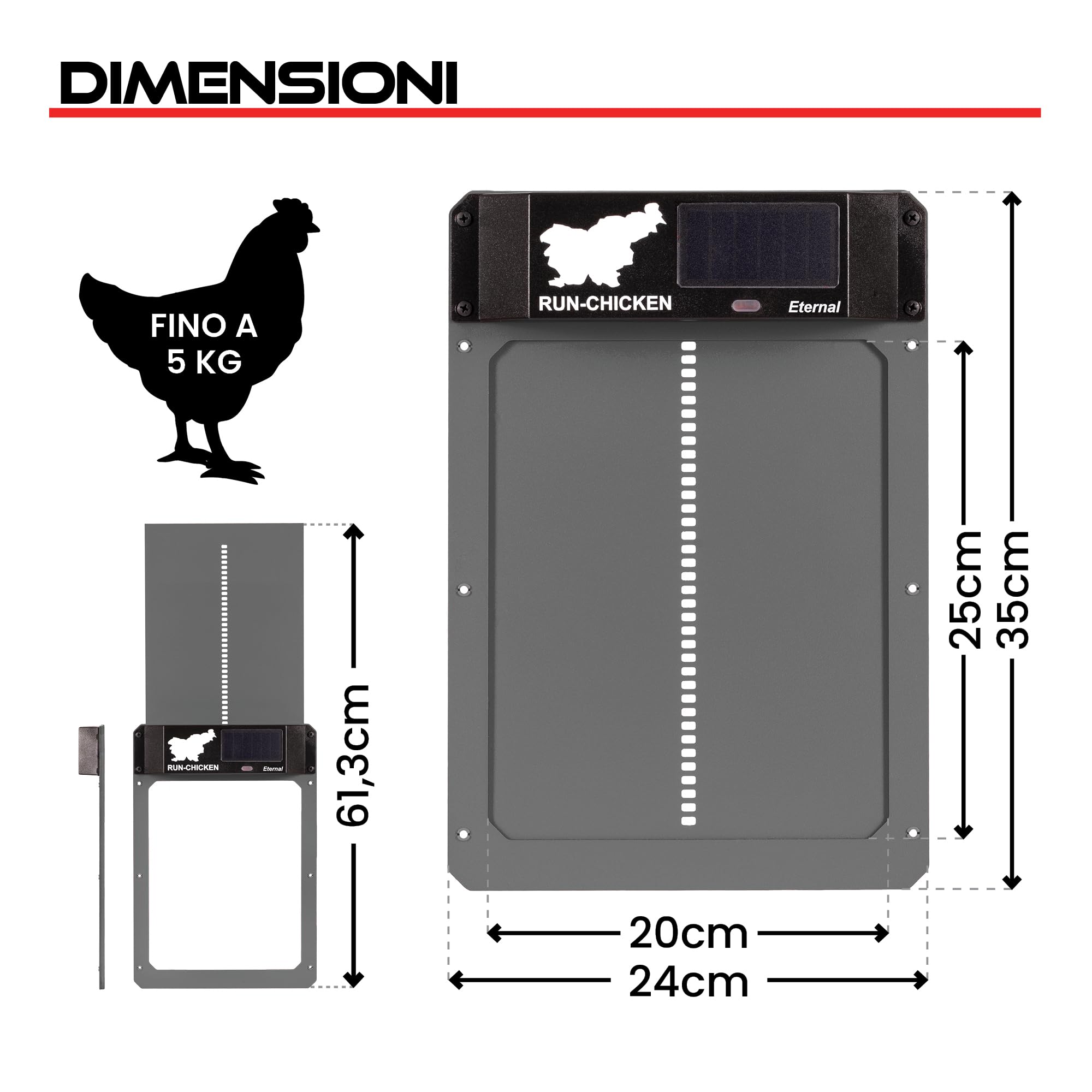 RUN-CHICKEN Porta (grigia) Solar Chicken Coop Door, automatico pollaio elettrico con timer, sensore luce, batteria, energia solare