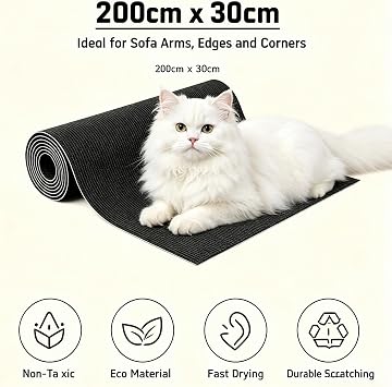 200x30cm Cat Scratching Mat Self-Adhesive Trimmable DIY Wall Scratcher, Extra Large Cat Scratch Mat for Furniture Sofa Protector, Thick Polyester Fiber Anti-Scratch Pad for Cats (Black)